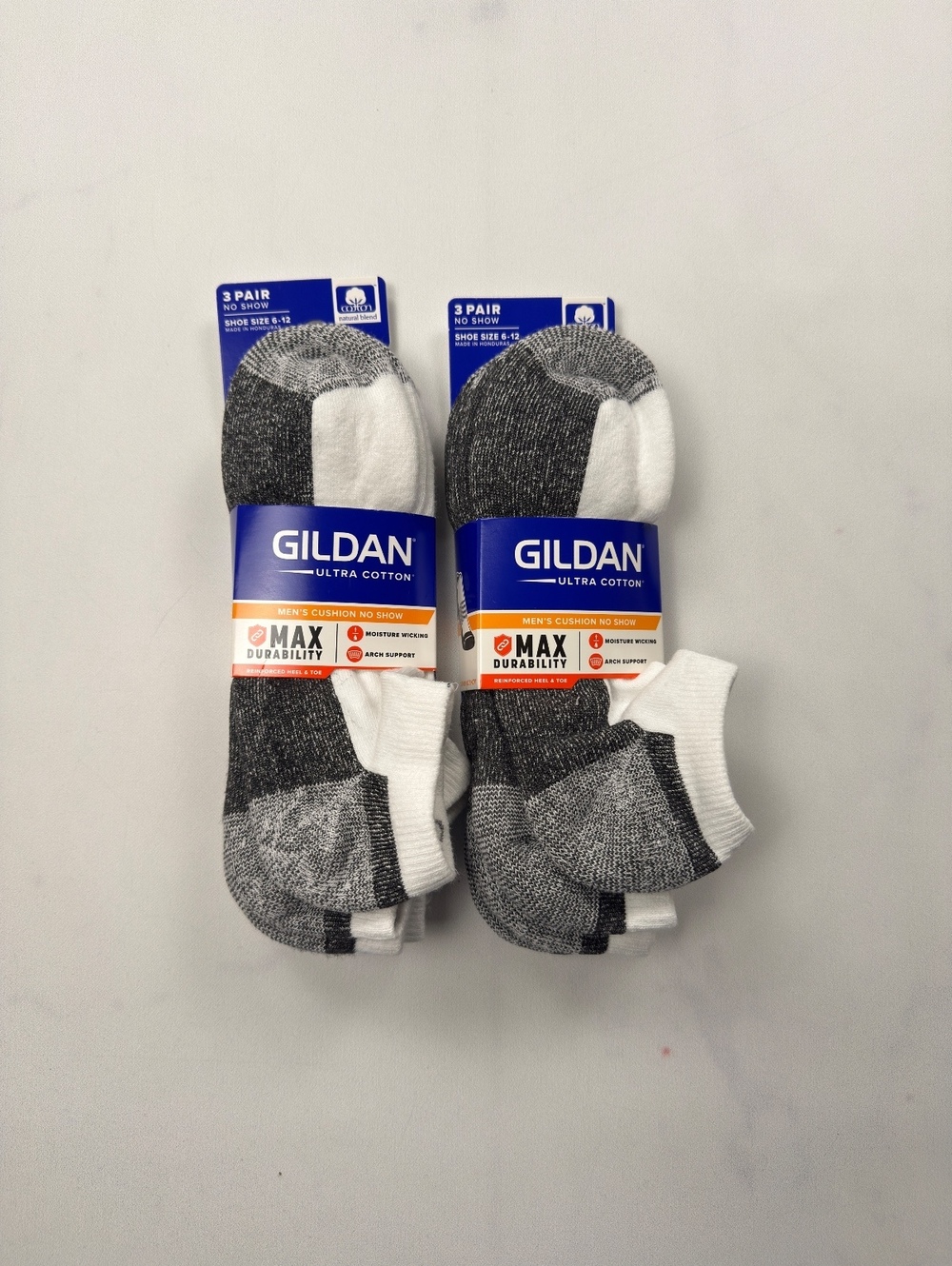 Gildan No Show Socks White Gray 3 Pair Lot of 2 - Mens 6-12 NWT